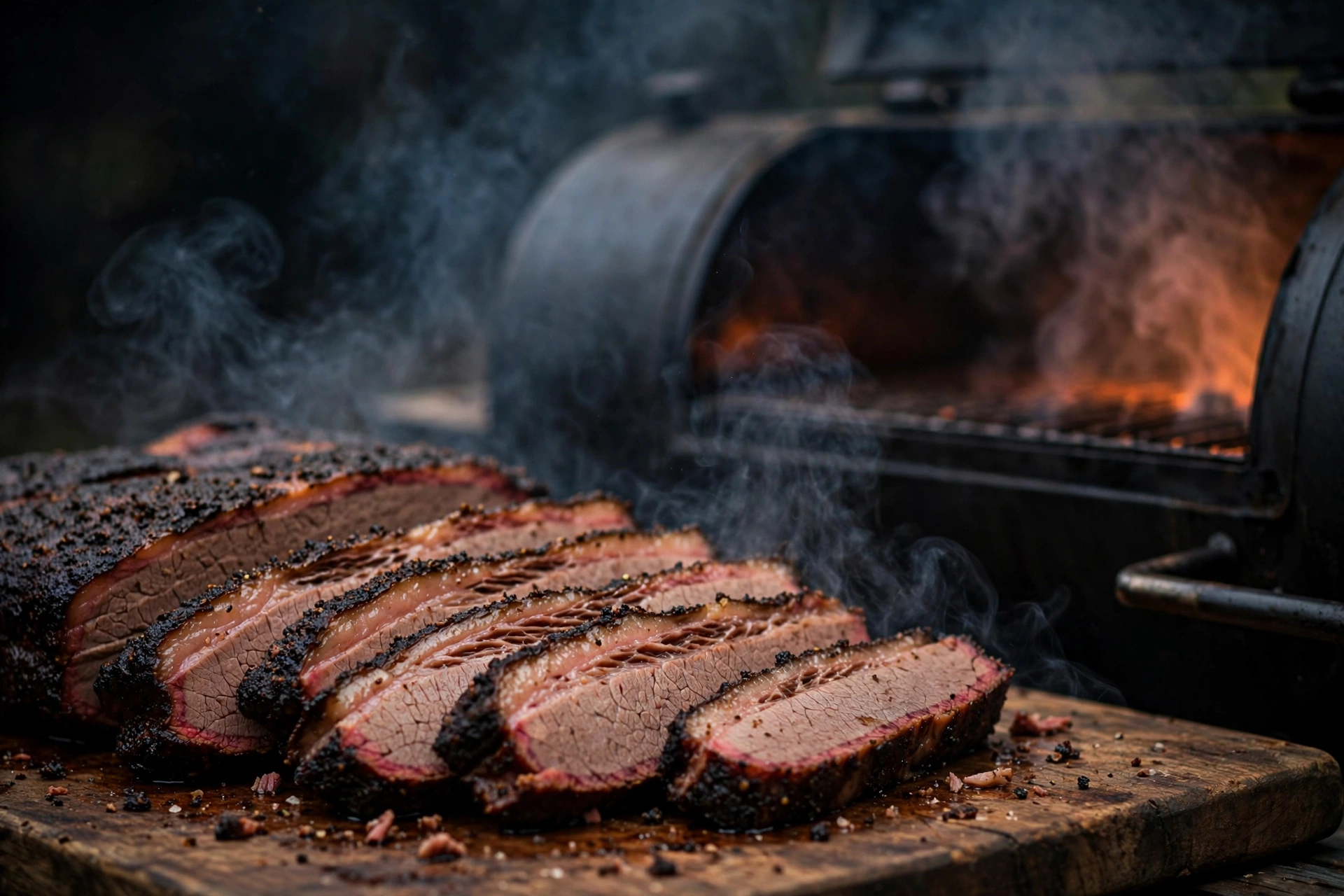 Smoked brisket cooking over glowing heat in a large smoker