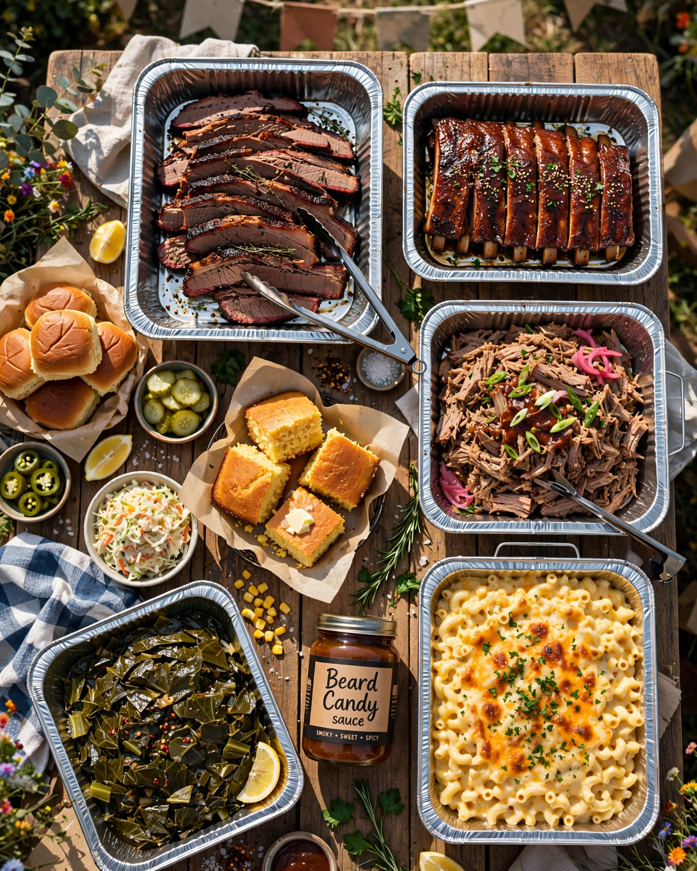An overflowing outdoor BBQ spread with smoked meats, sides and Beard Candy sauce