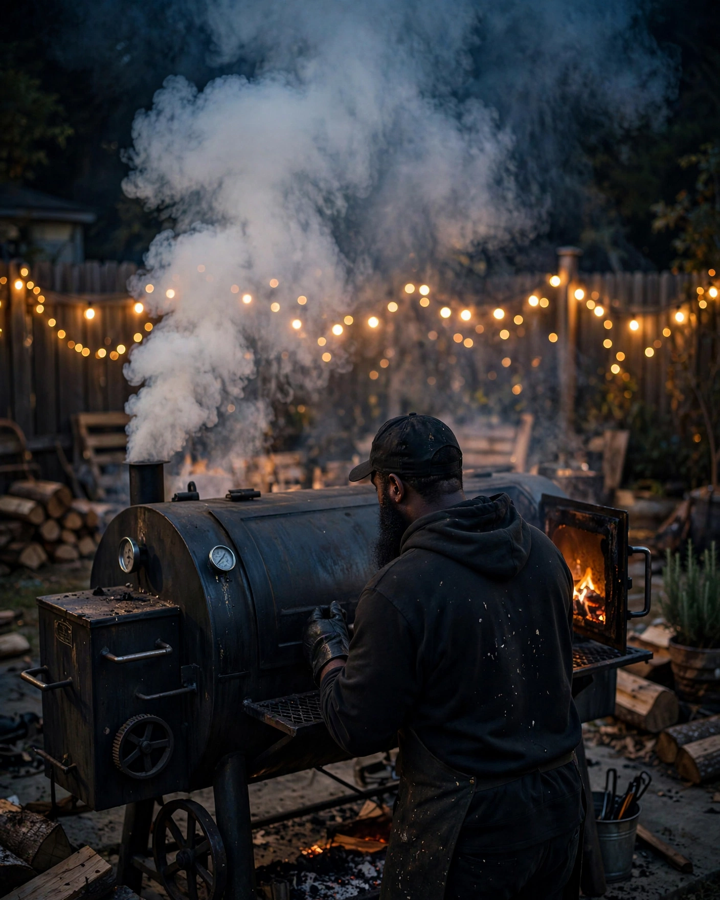 Pitmaster checking smokers during an overnight cook