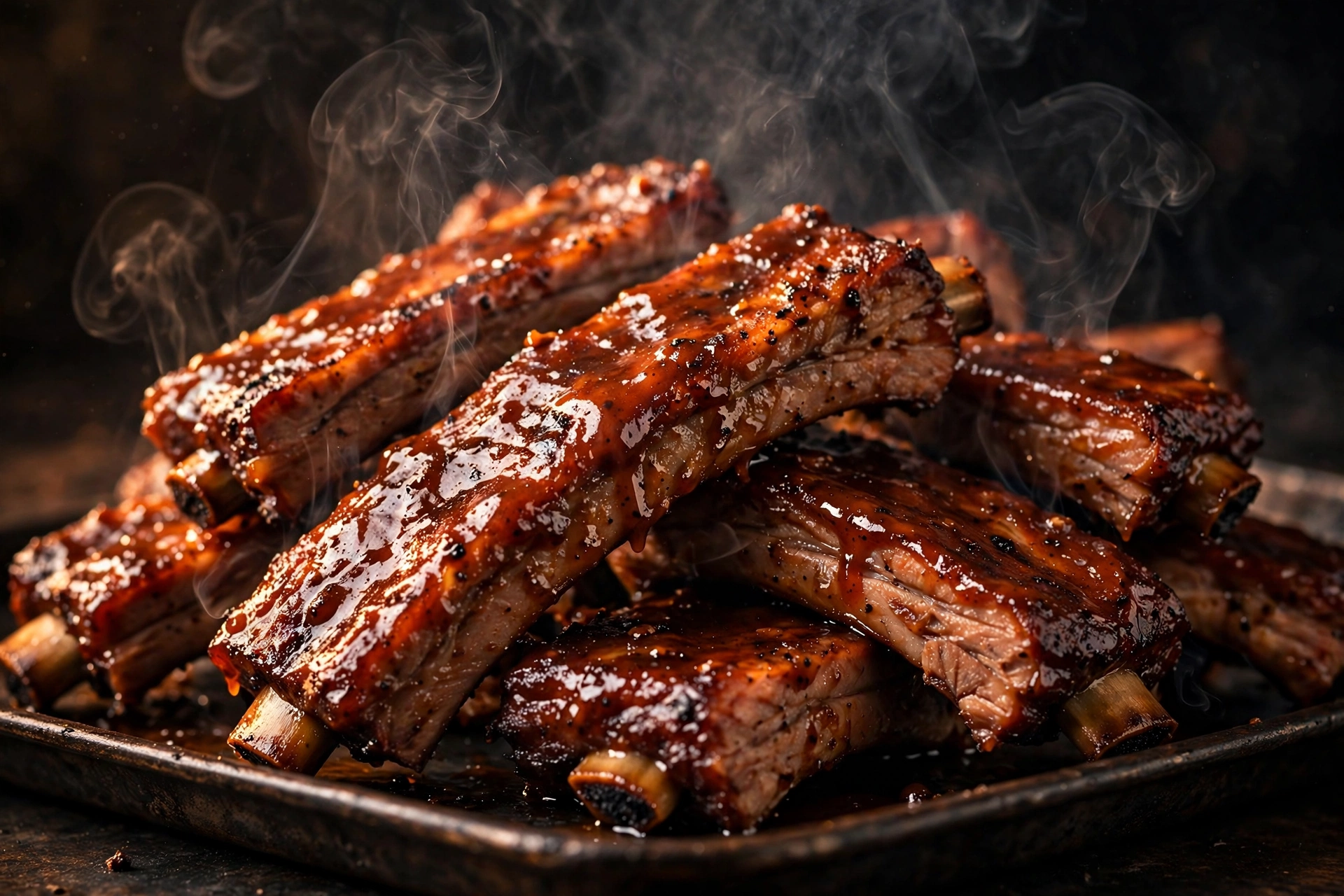 Glossy smoked ribs with a dark caramelized bark